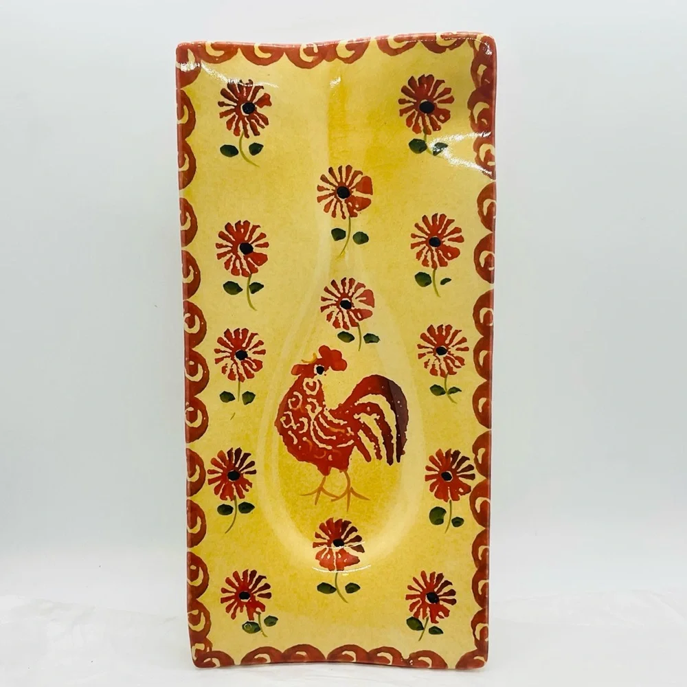 VTG Williams Sonoma 10” L x 5” W Spoon Rest Hand Painted Rooster & Flowers Italy